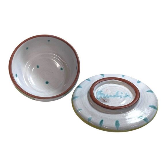 Hand-Painted Pottery Butter Dish Cheese Lid Pastel Design Signed By Artist 3.5" - Picture 3 of 7